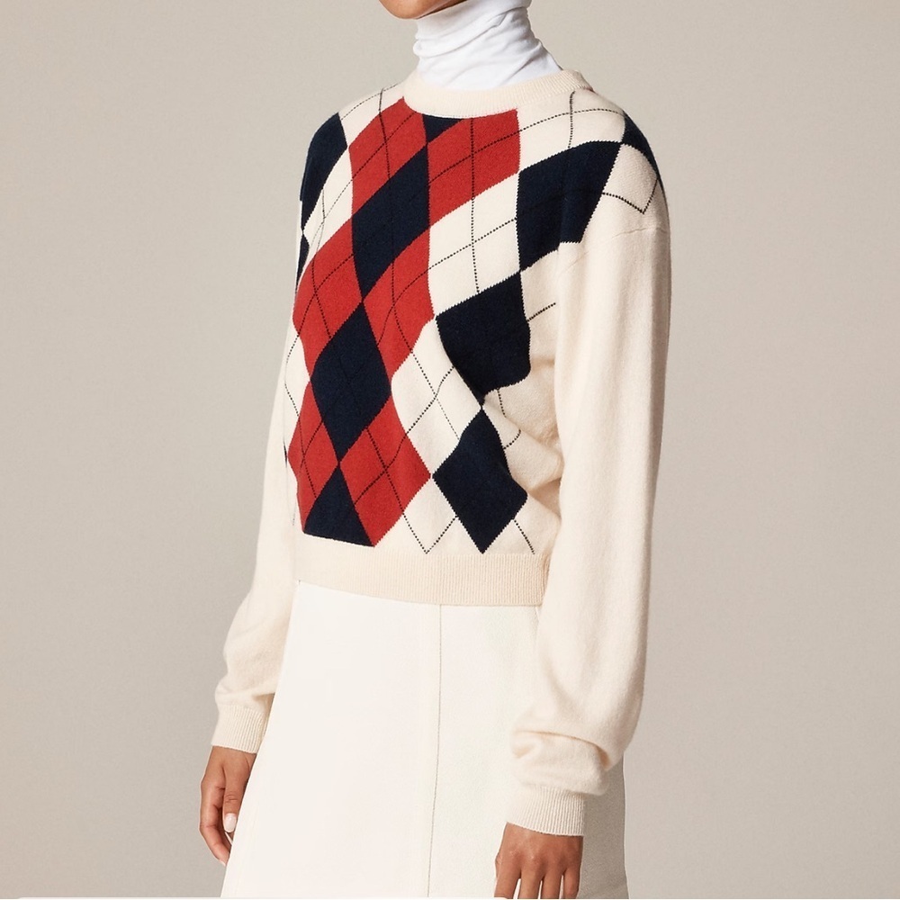 J crew ivory red Perfect cashmere crewneck sweater in argyle